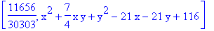[11656/30303, x^2+7/4*x*y+y^2-21*x-21*y+116]